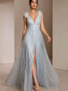 POMUYOO Gray Sequin Tulle Feather Formal Maxi Dress